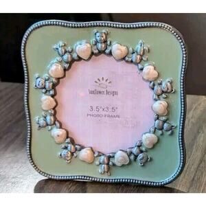 Sunflower Designs Green Picture Frame Enamel Silver Teddy Bear Hearts Childrens